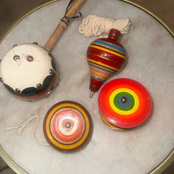 Colorful Handmade Wooden Spinning Tops, yo-yo and Monkey Drum Set (4) - Picture 1 of 6